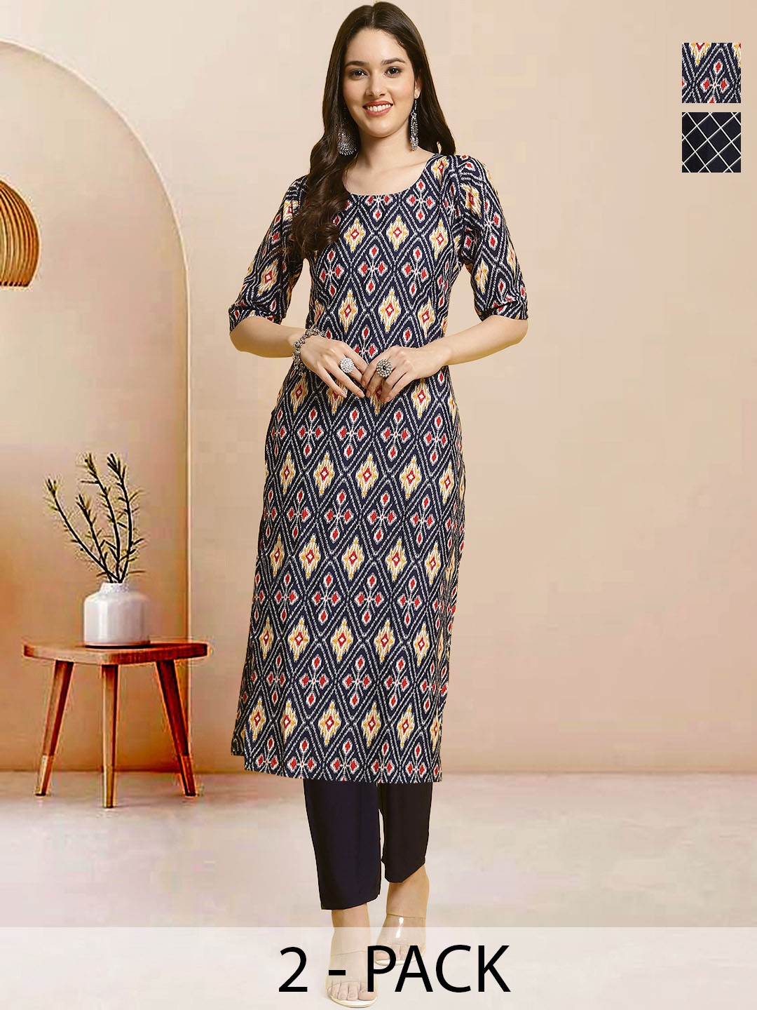 

Moda Rapido Pack of 2 Printed Straight Kurta with Trousers, Navy blue