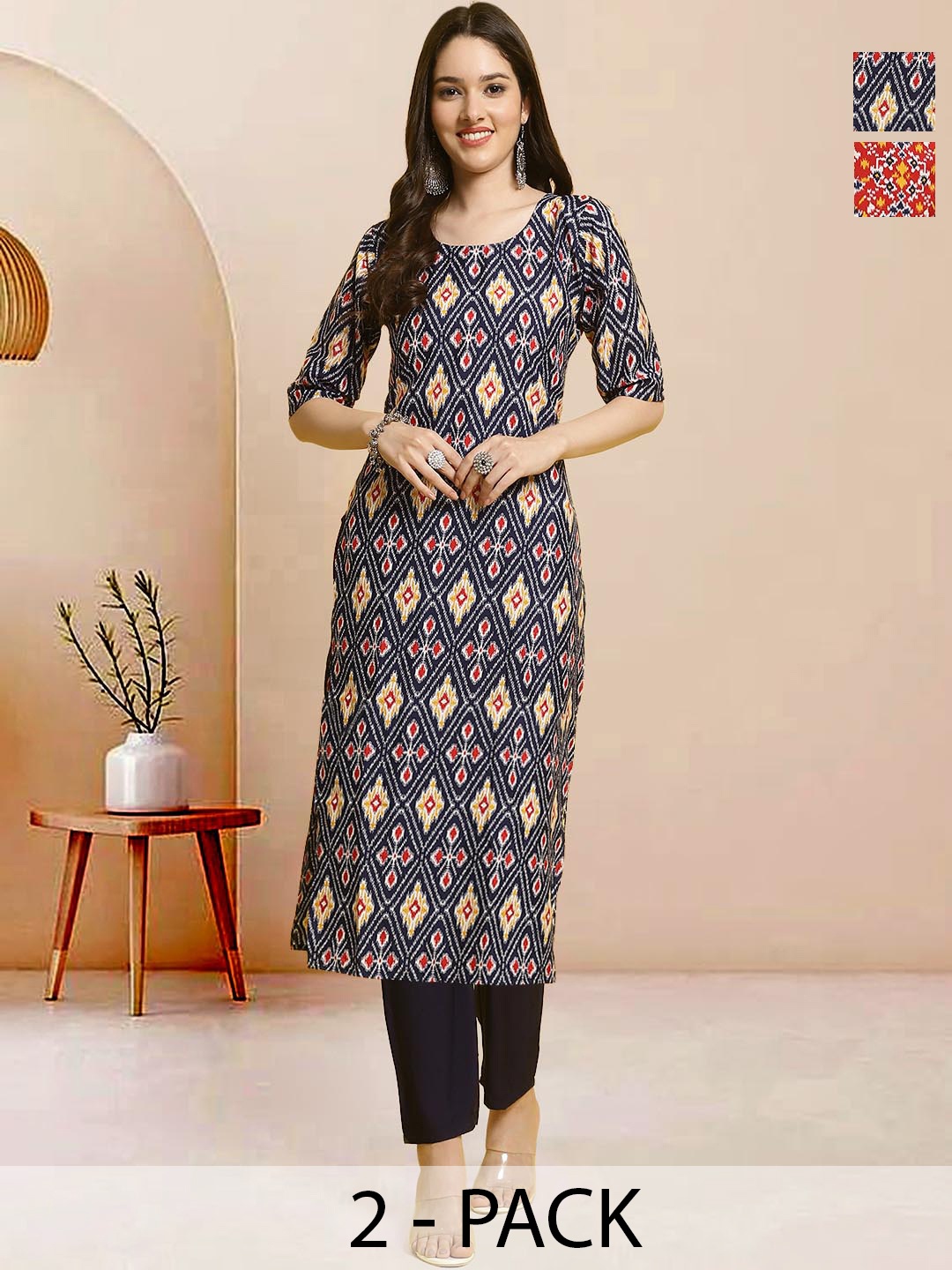 

Moda Rapido Pack of 2 Printed Straight Kurta with Trousers, Navy blue