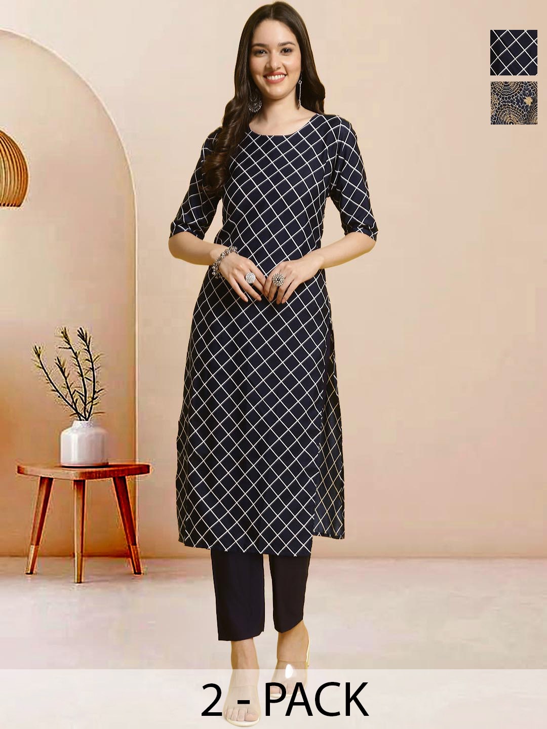

Moda Rapido Pack of 2 Printed Straight Kurta with Trousers, Navy blue
