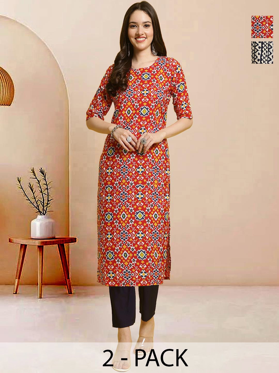 

Moda Rapido Pack of 2 Printed Straight Kurta with Trousers, Red