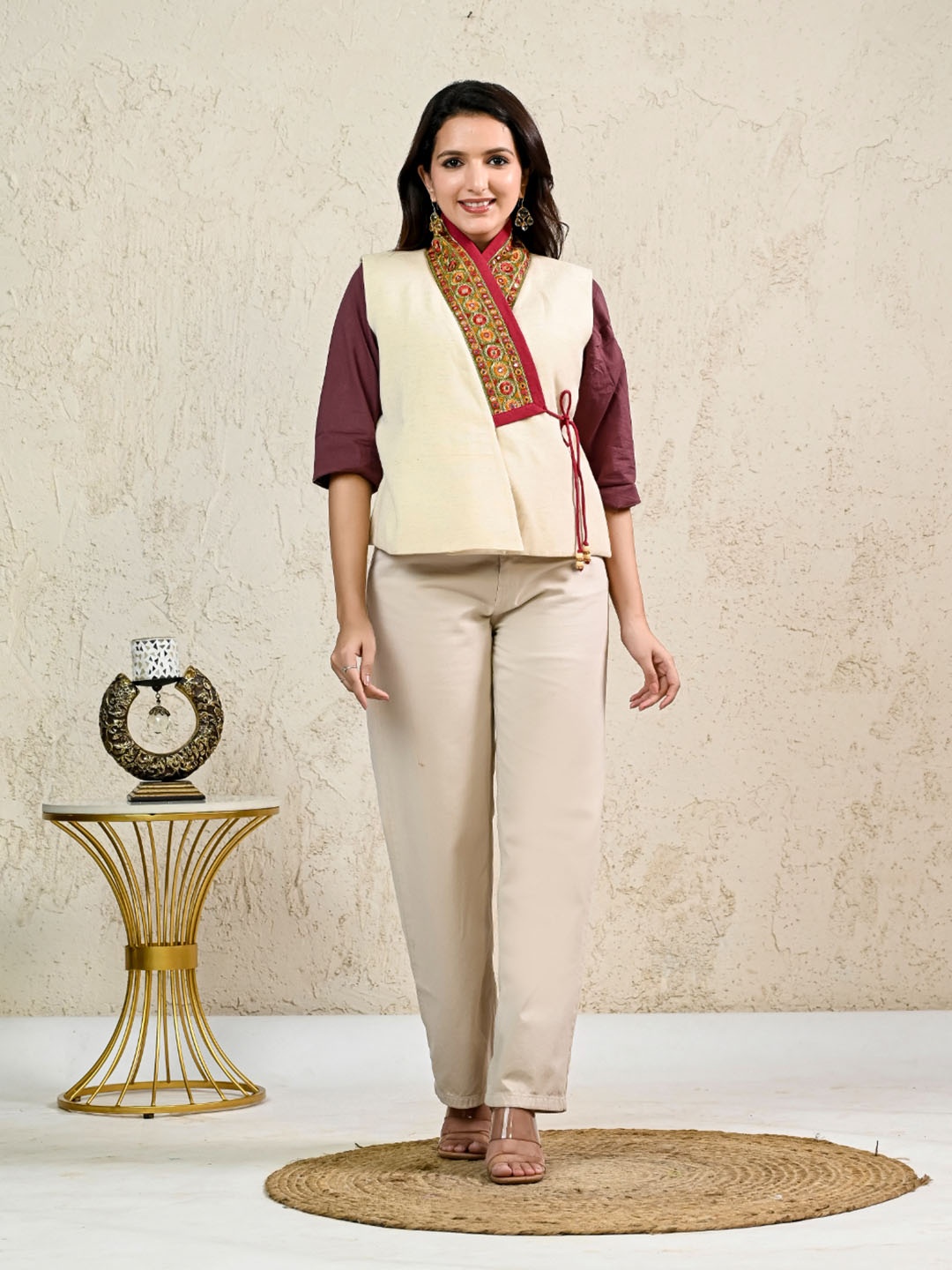 

INAAYA JAIPUR Women Lightweight Crop Tailored Jacket with Embroidered, Off white