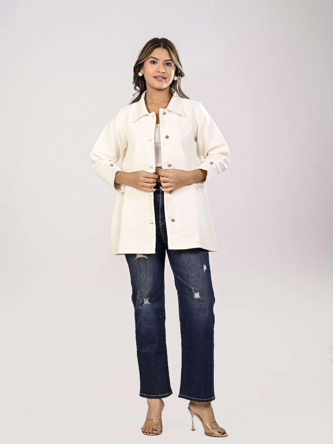 

INAAYA JAIPUR Women Colourblocked Lightweight Longline Denim Jacket with Patchwork, White