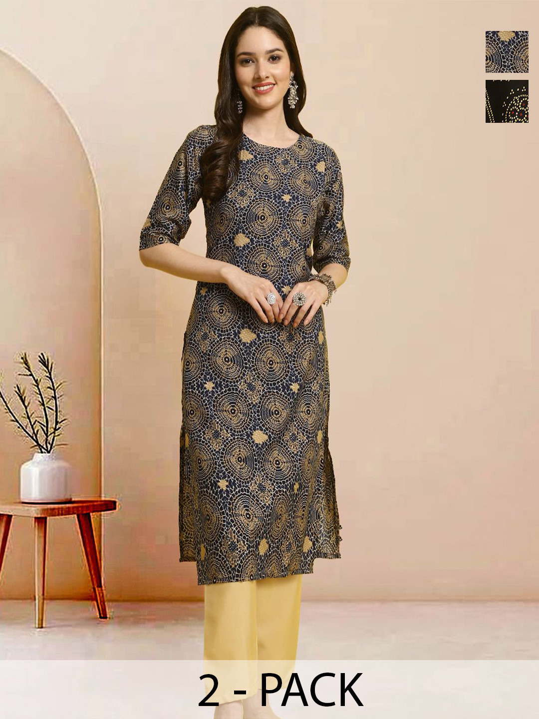 

Moda Rapido Pack of 2 Printed Straight Kurta with Trousers, Navy blue