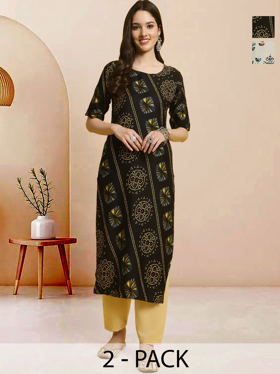 

Moda Rapido Pack of 2 Printed Straight Kurta with Trousers, Black