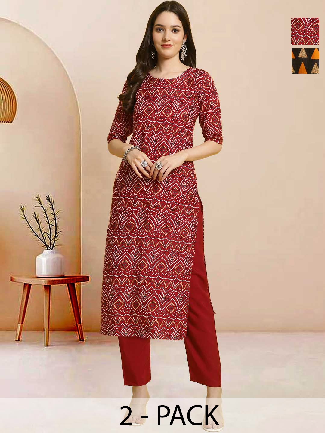 

Moda Rapido Pack of 2 Printed Straight Kurta with Trousers, Orange
