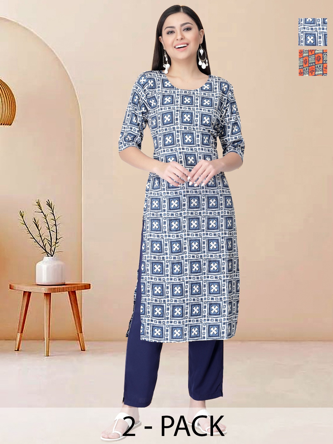 

Moda Rapido Pack of 2 Printed Straight Kurta with Trousers, White