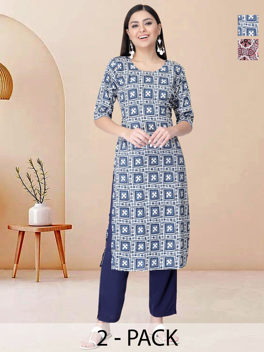 

Moda Rapido Pack of 2 Printed Straight Kurta with Trousers, White