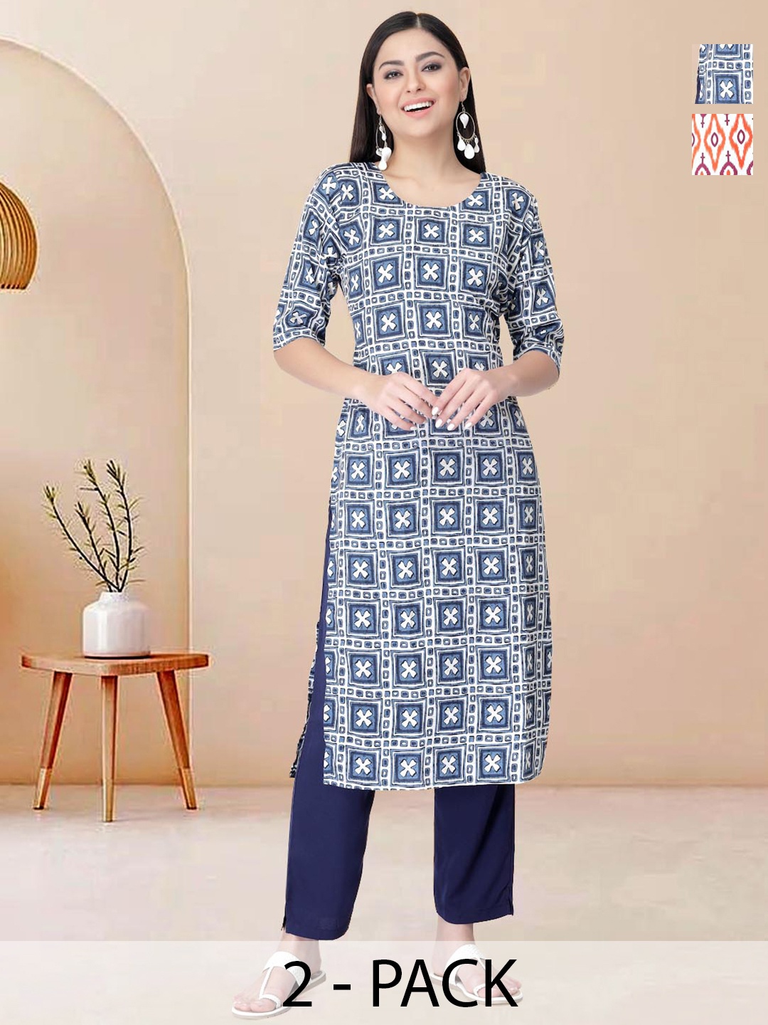 

Moda Rapido Pack of 2 Printed Straight Kurta with Trousers, Blue