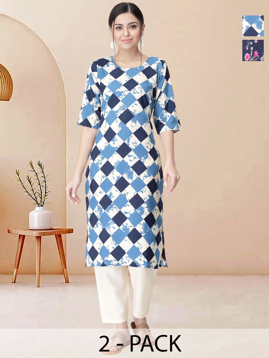 

Moda Rapido Pack of 2 Printed Straight Kurta with Trousers, Navy blue