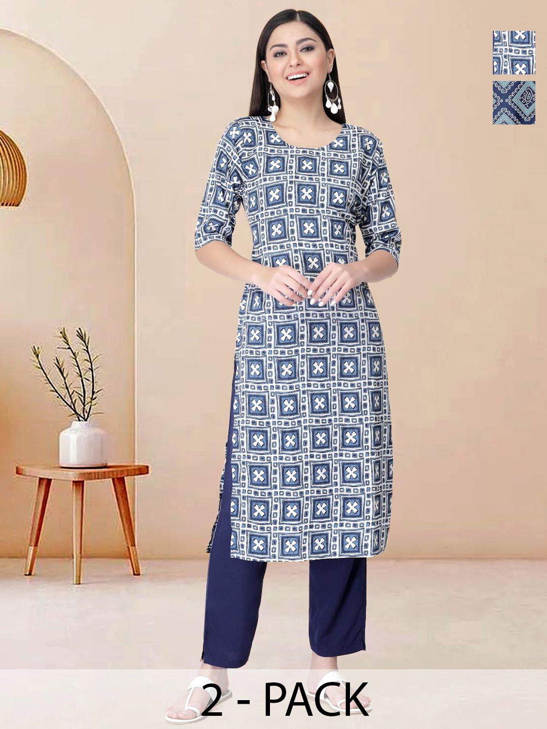 

Moda Rapido Pack of 2 Printed Straight Kurta with Trousers, Blue