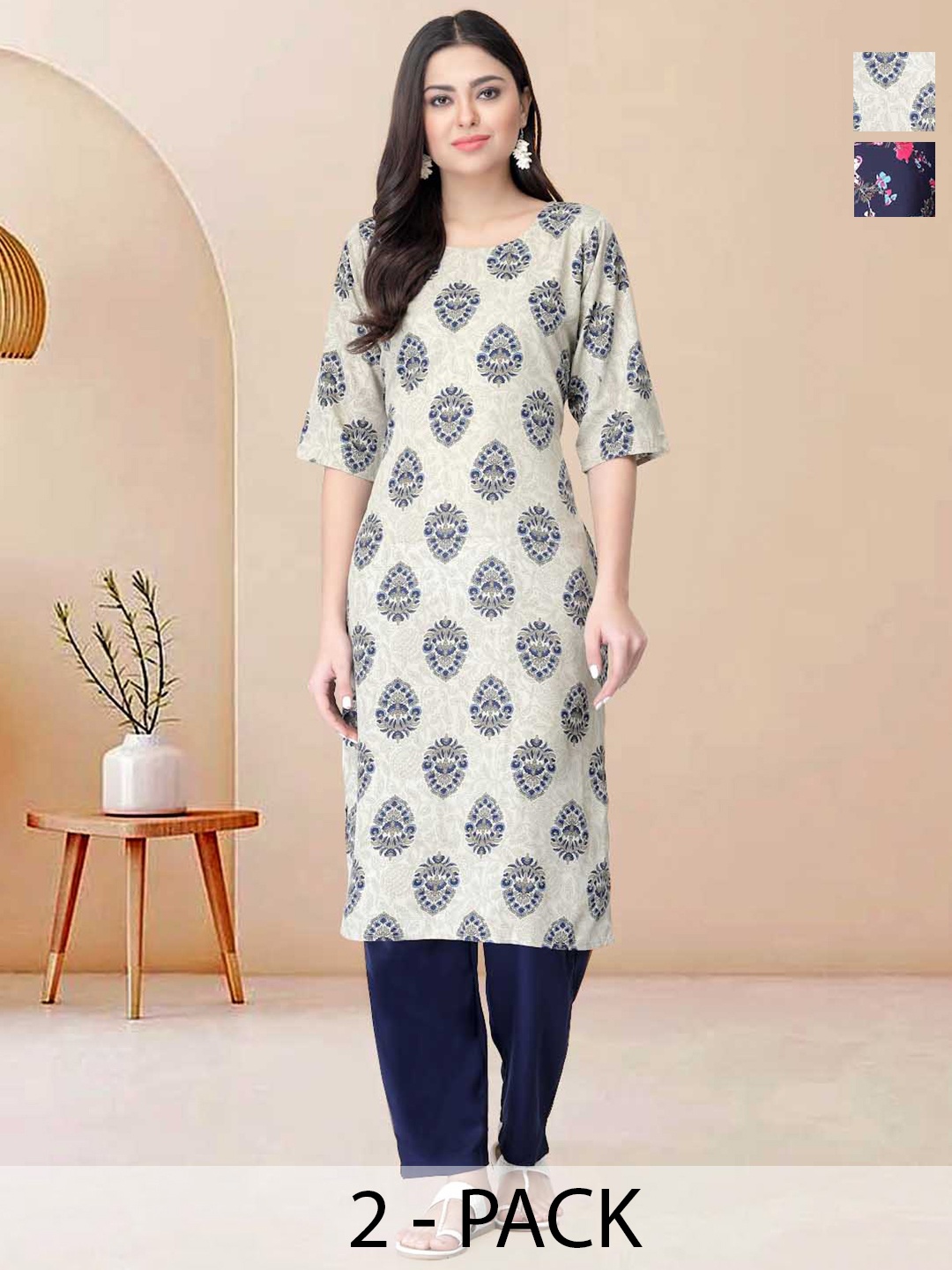 

Moda Rapido Pack of 2 Printed Straight Kurta with Trousers, Navy blue