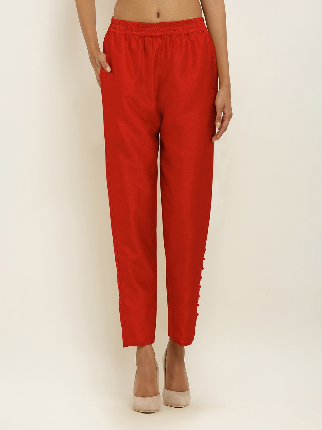 

FLOREOS Women Comfort Relaxed Fit Mid-Rise Trouser, Red