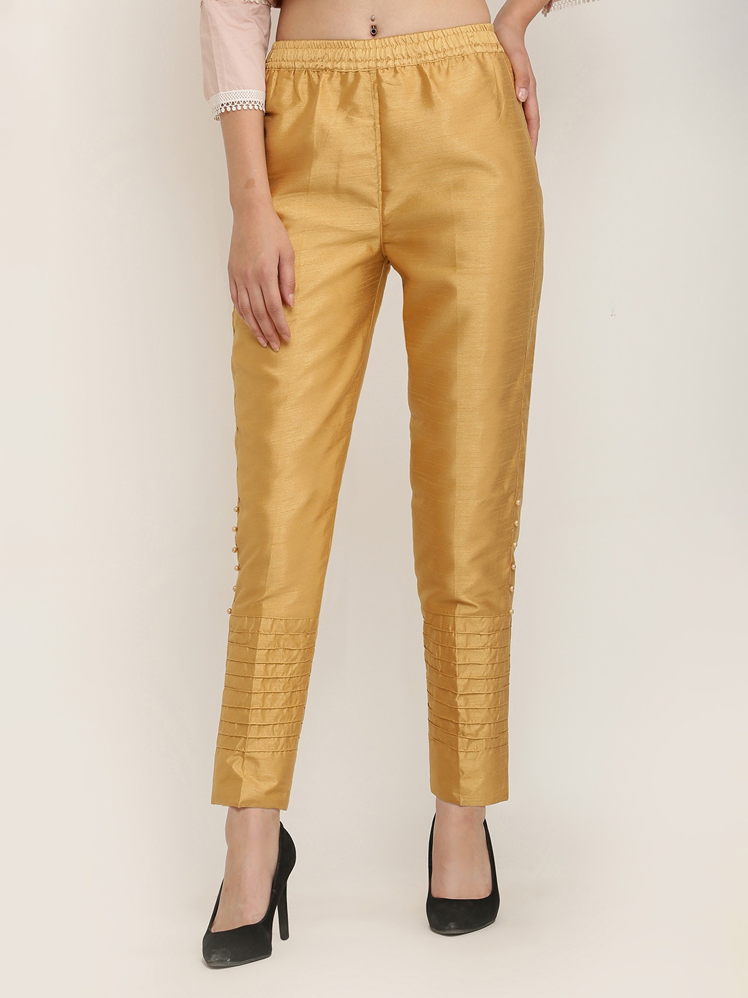 

FLOREOS Women Comfort Easy Wash Slim Fit Trousers, Gold