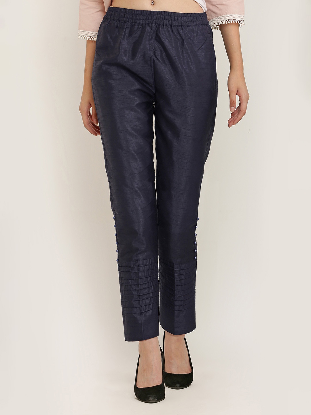 

FLOREOS Women Textured Comfort Fit Formal Trousers, Navy blue