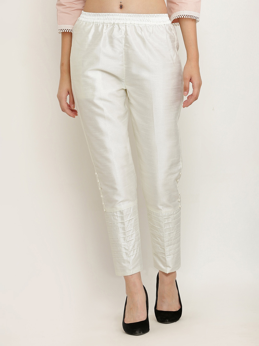 

FLOREOS Women Textured Comfort Easy Wash Cigarette Trousers, Off white