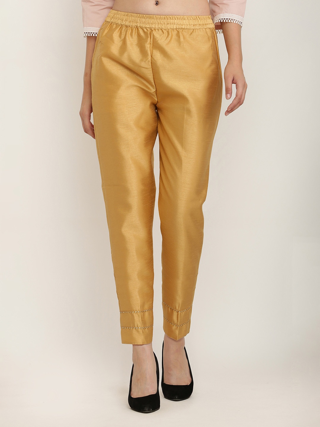 

FLOREOS Women Textured Comfort Easy Wash Cigarette Trousers, Gold