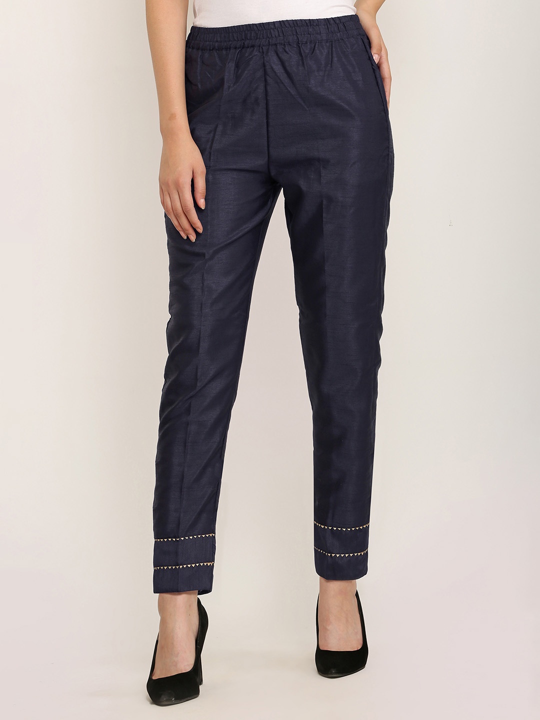 

FLOREOS Women Comfort Fit Mid-Rise Trousers, Navy blue