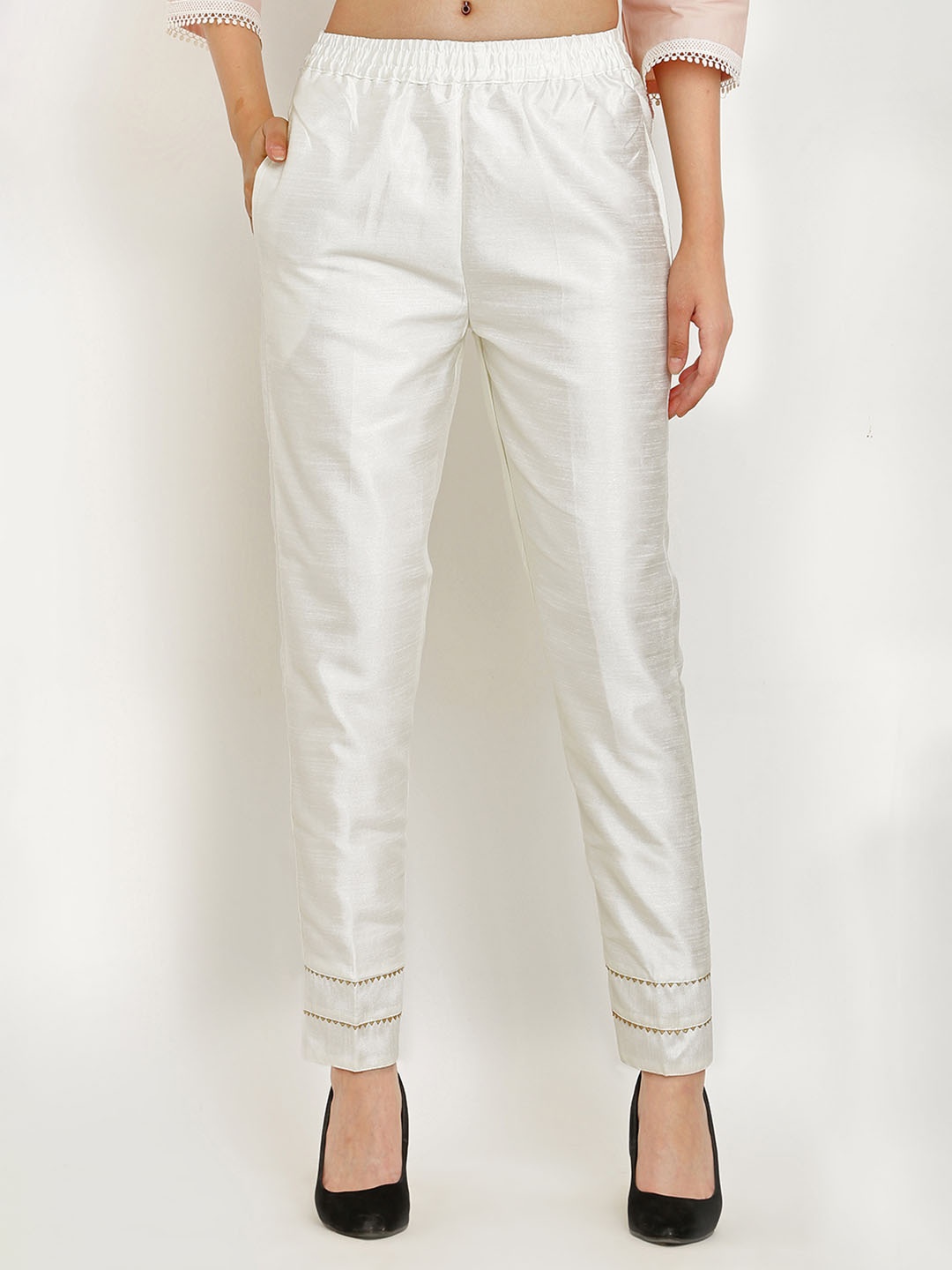 

FLOREOS Women Textured Comfort Easy Wash Trousers, Off white