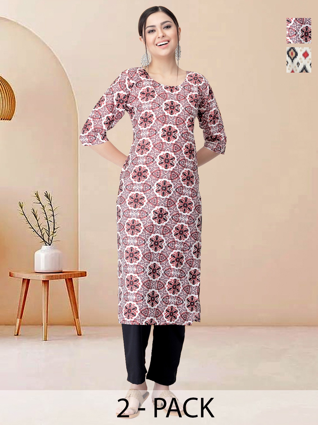 

Moda Rapido Pack of 2 Printed Straight Kurta with Trousers, Pink