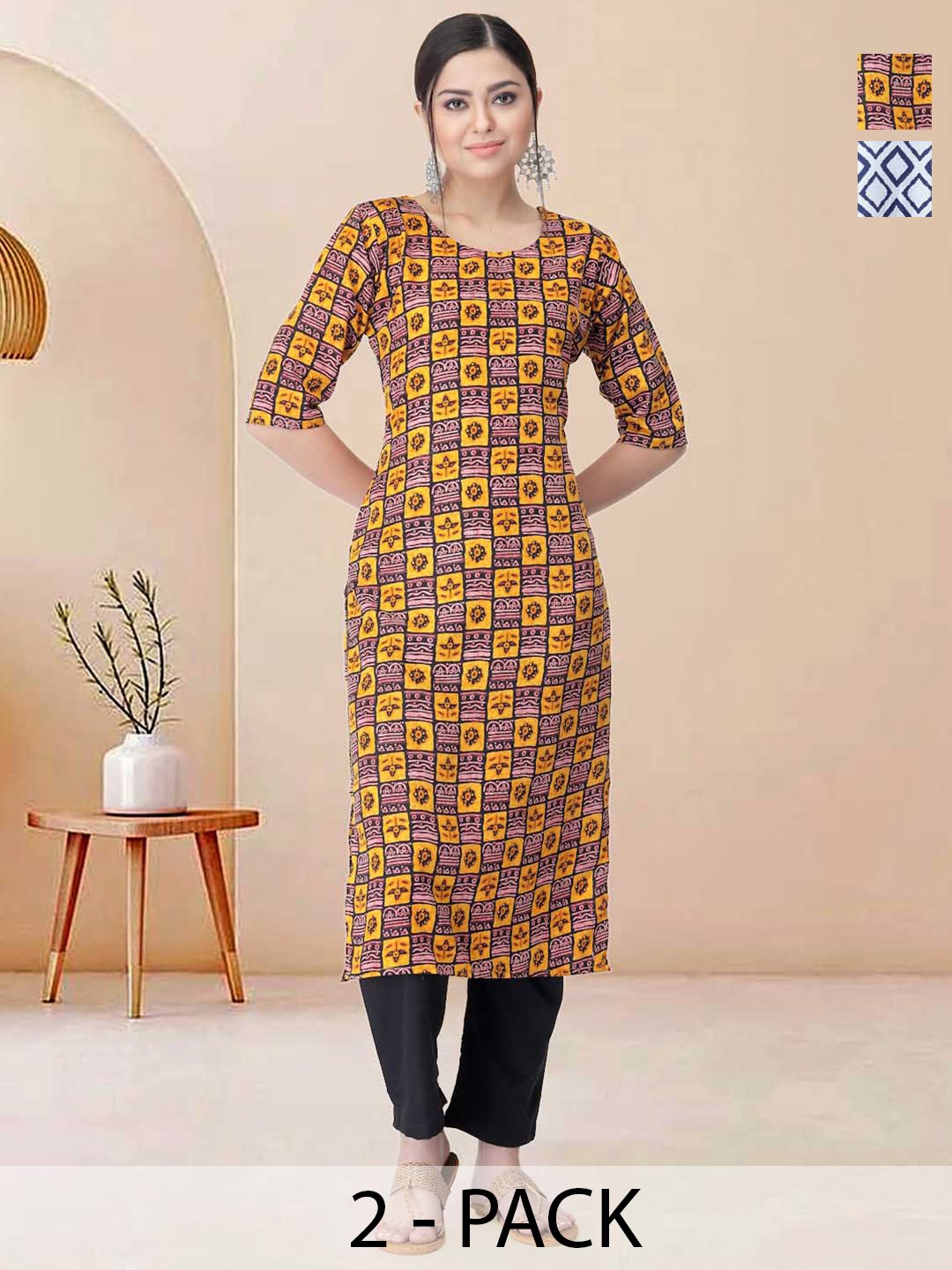 

Moda Rapido Pack of 2 Printed Straight Kurta with Trousers, Yellow