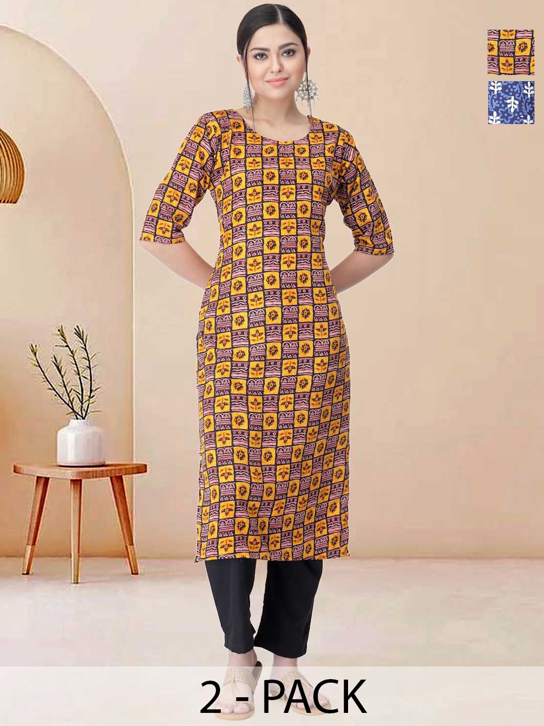 

Moda Rapido Pack of 2 Printed Straight Kurta with Trousers, Black