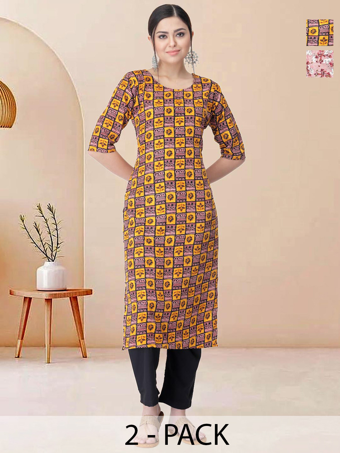 

Moda Rapido Pack of 2 Printed Straight Kurta with Trousers, Yellow