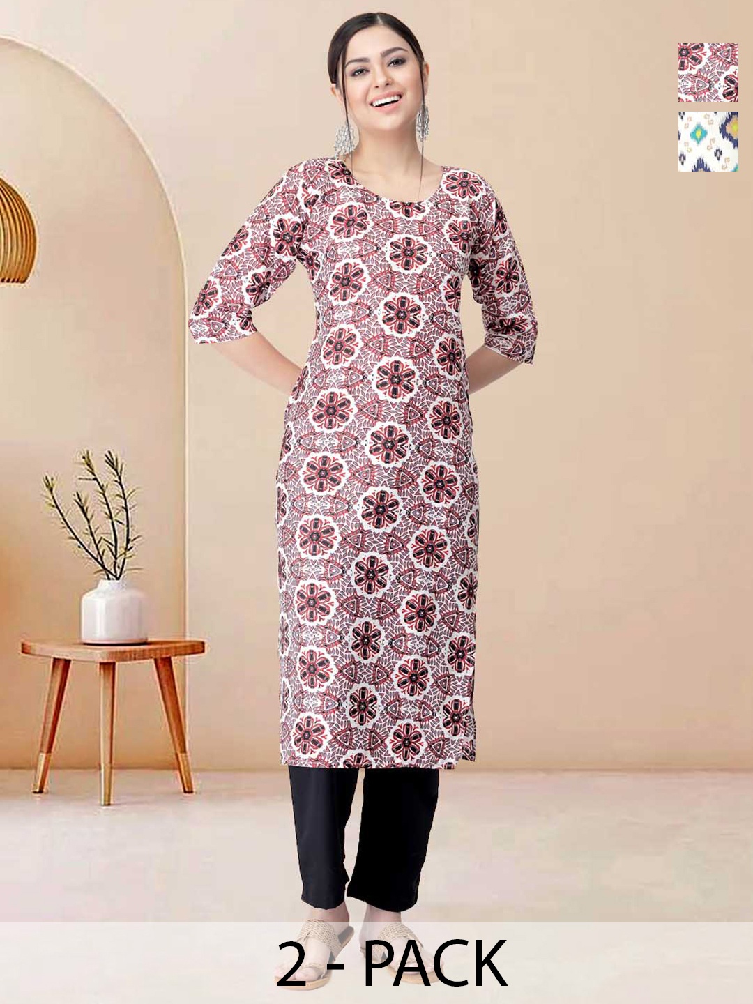 

Moda Rapido Pack of 2 Printed Straight Kurta with Trousers, Pink