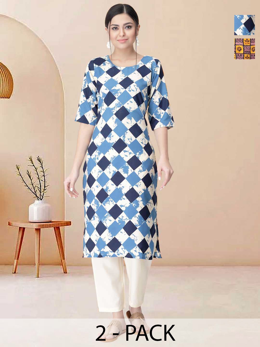 

Moda Rapido Pack of 2 Printed Straight Kurta with Trousers, Yellow