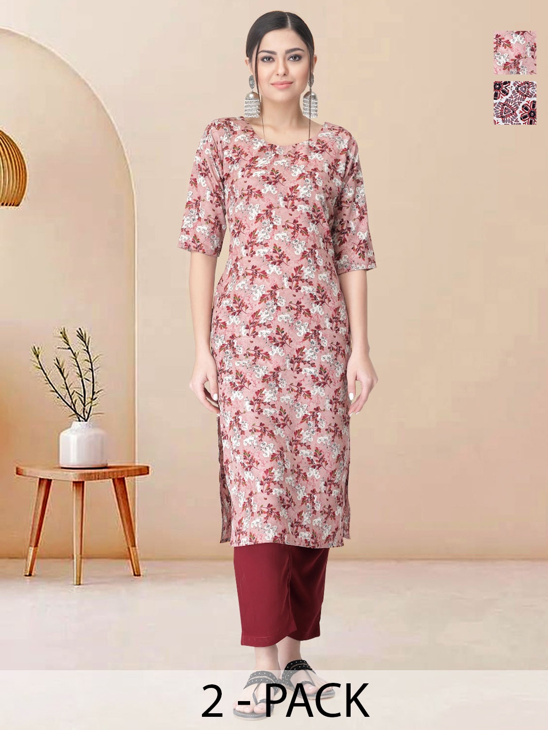 

Moda Rapido Pack of 2 Printed Straight Kurta with Trousers, Brown