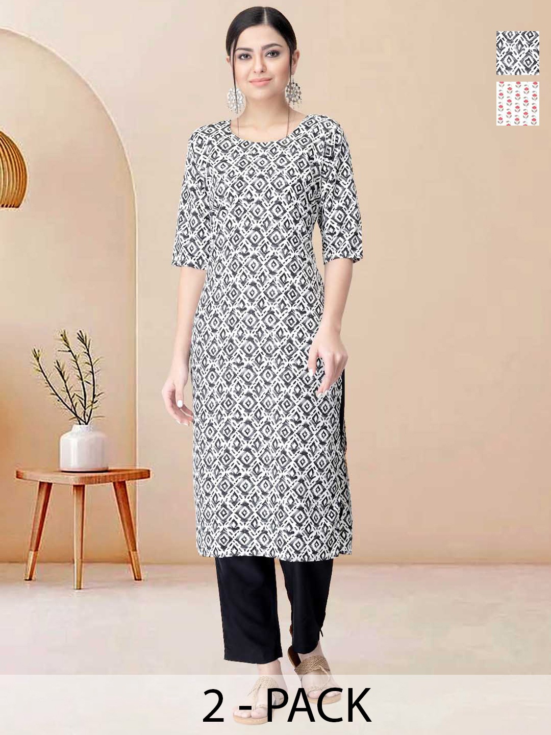 

Moda Rapido Pack of 2 Printed Straight Kurta with Trousers, White