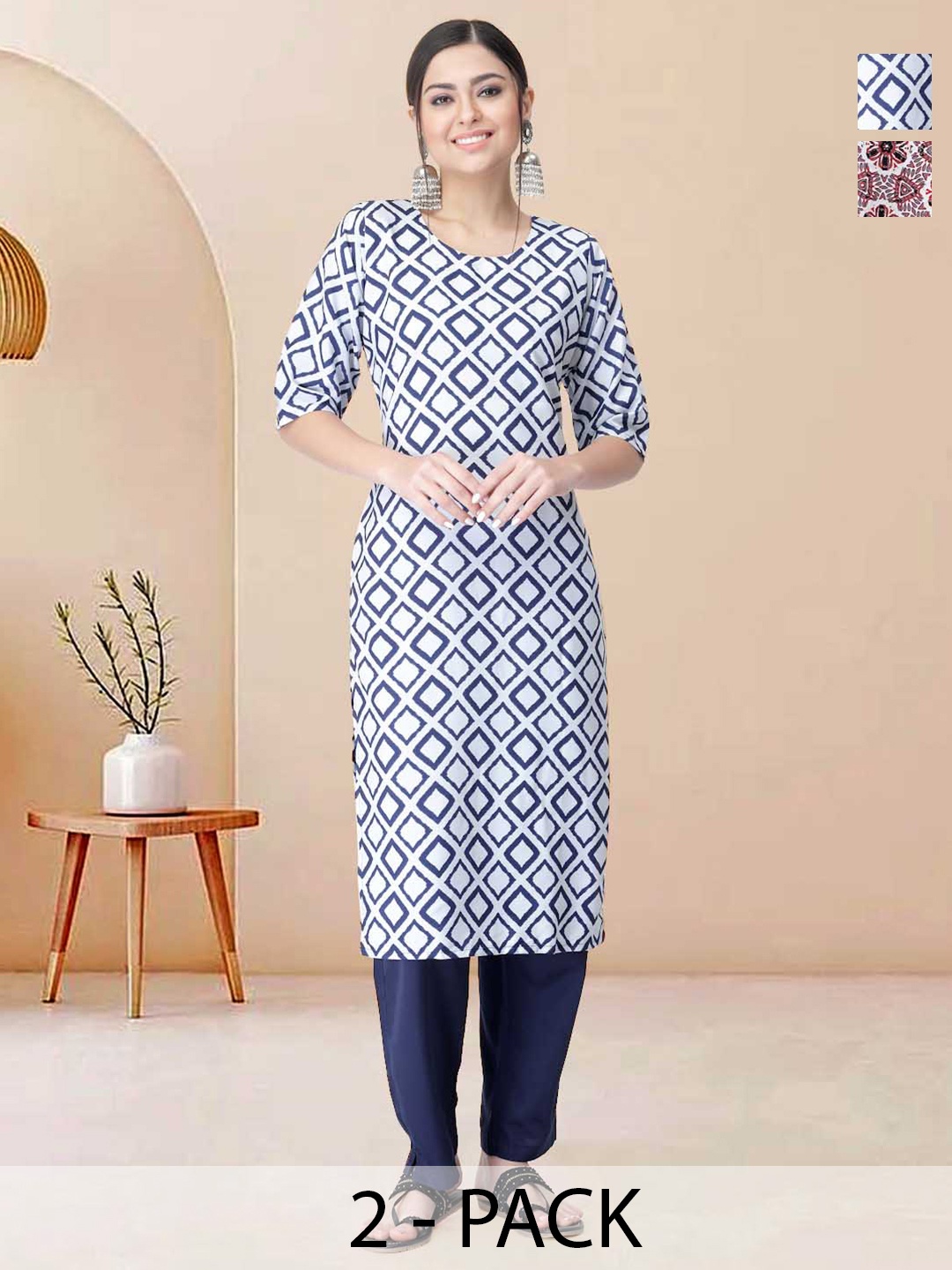 

Moda Rapido Pack of 2 Printed Straight Kurta with Trousers, White