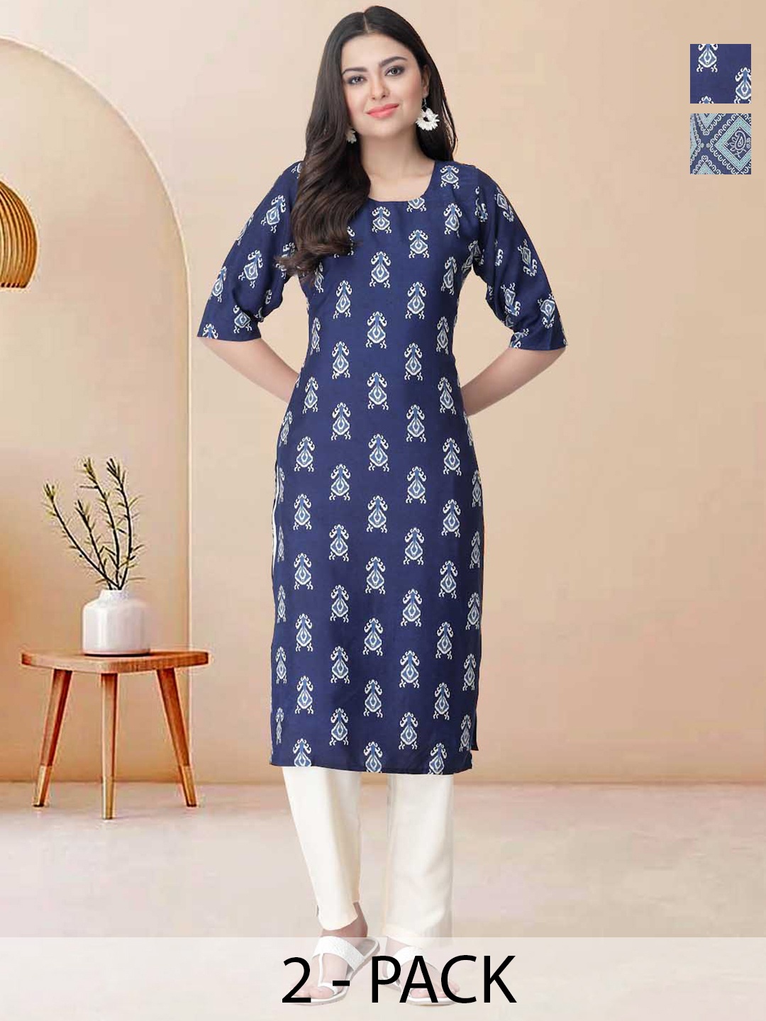 

Moda Rapido Pack of 2 Printed Straight Kurta with Trousers, Blue
