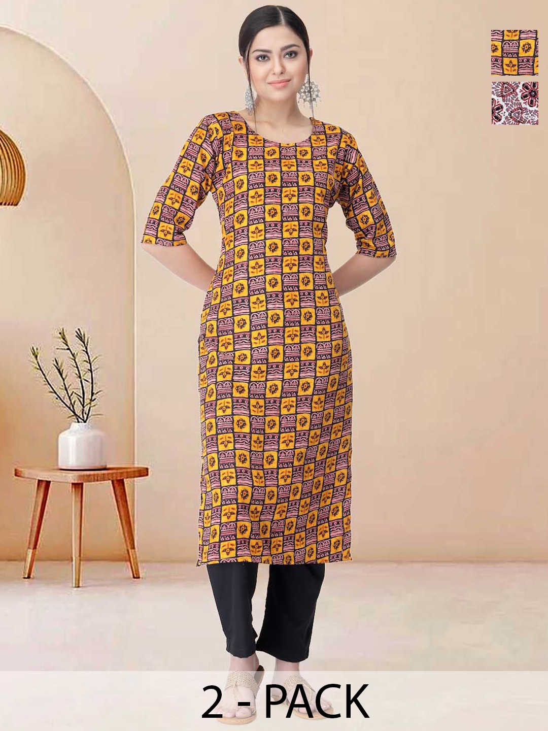 

Moda Rapido Pack of 2 Printed Straight Kurta with Trousers, Yellow