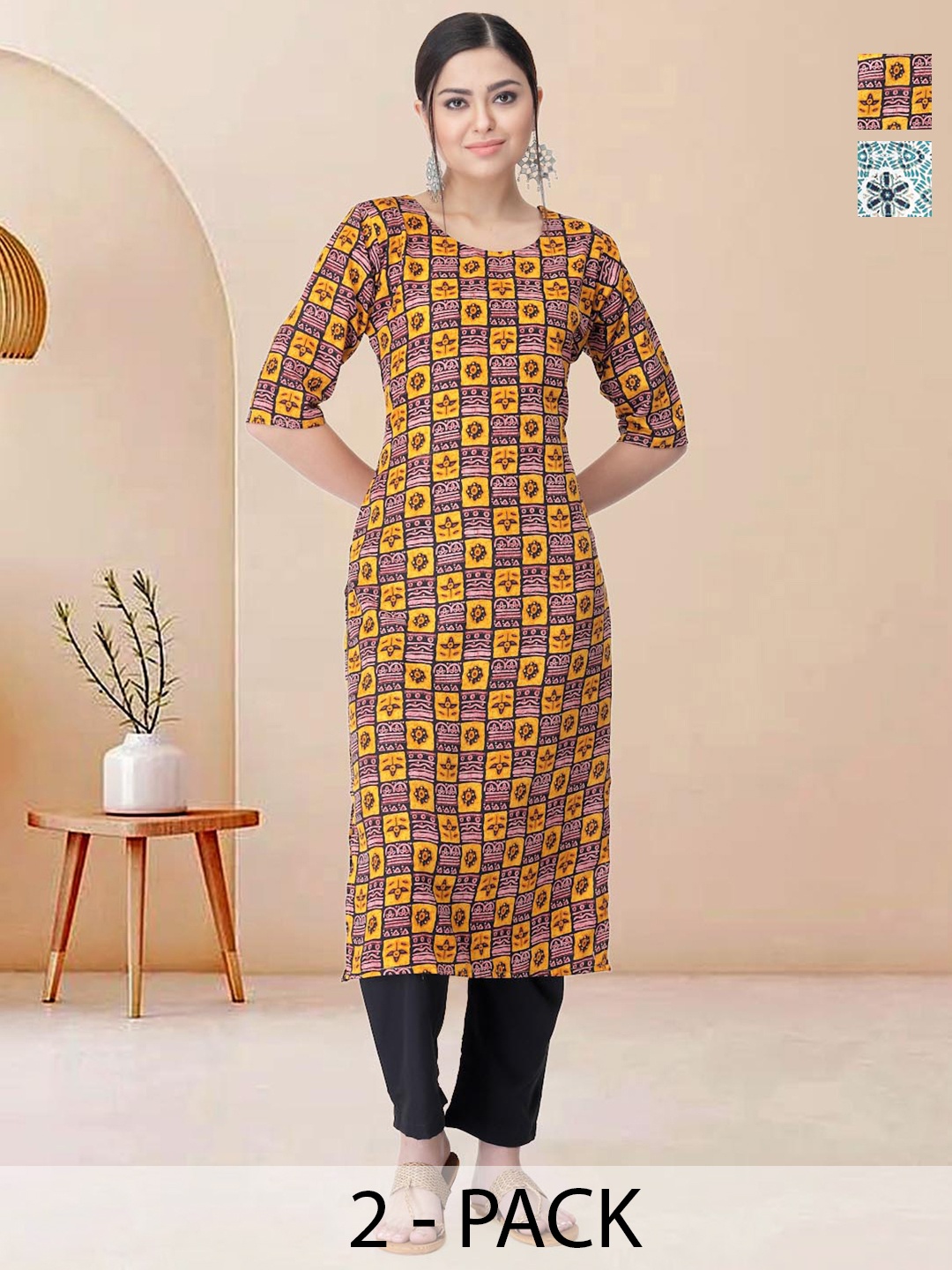 

Moda Rapido Pack of 2 Printed Straight Kurta with Trousers, Green