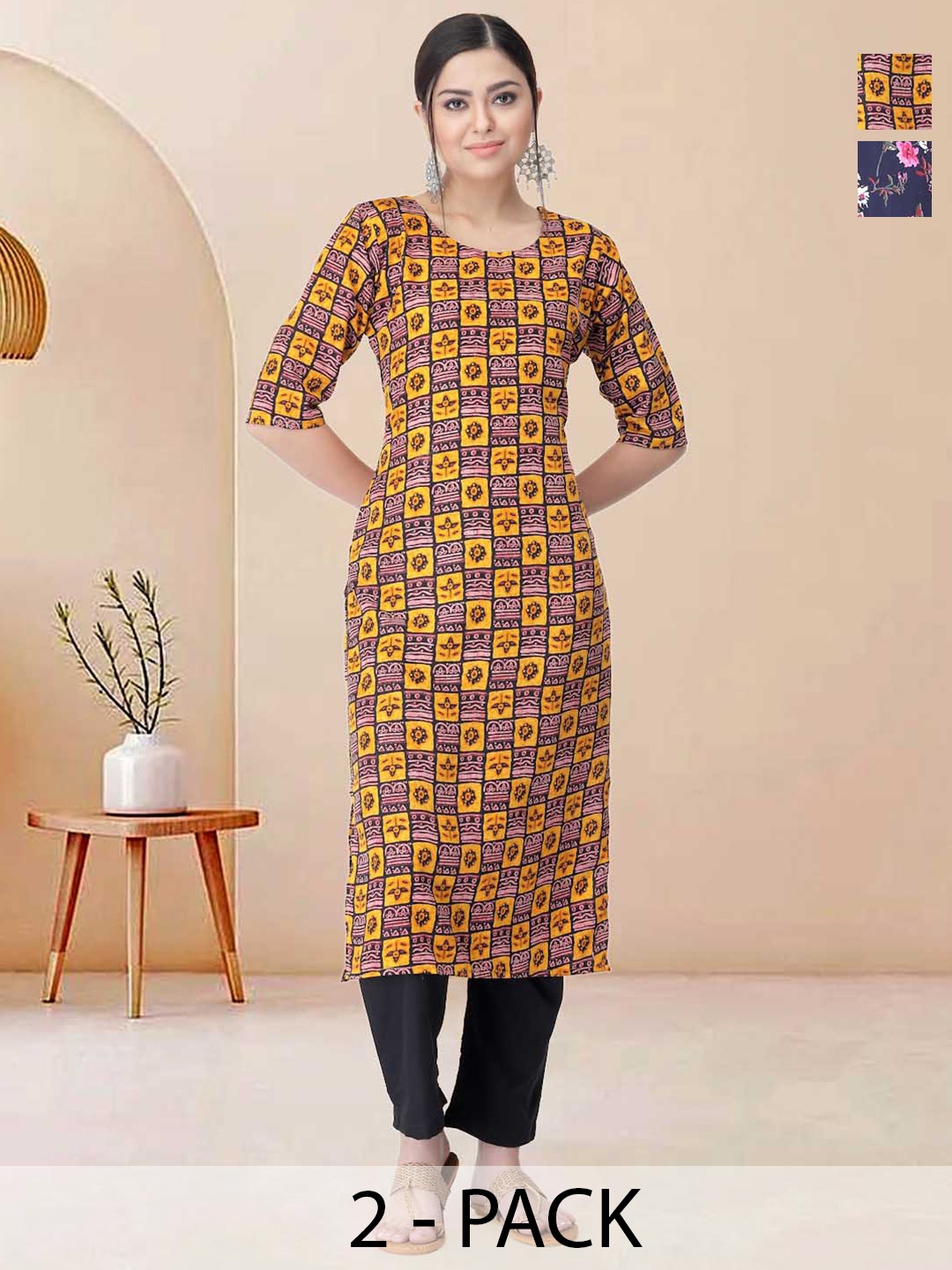 

Moda Rapido Pack of 2 Printed Straight Kurta with Trousers, Yellow