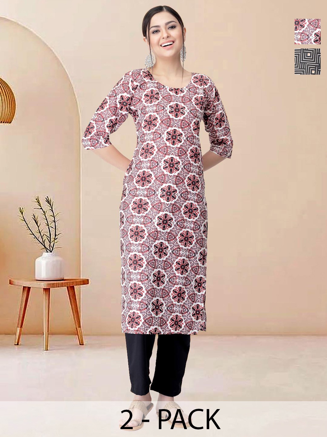 

Moda Rapido Pack of 2 Printed Straight Kurta with Trousers, Pink