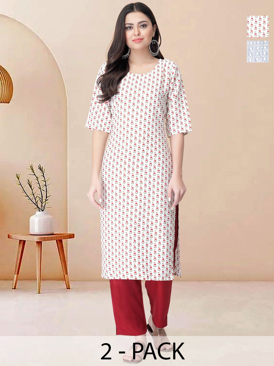 

Moda Rapido Pack of 2 Printed Straight Kurta with Trousers, White
