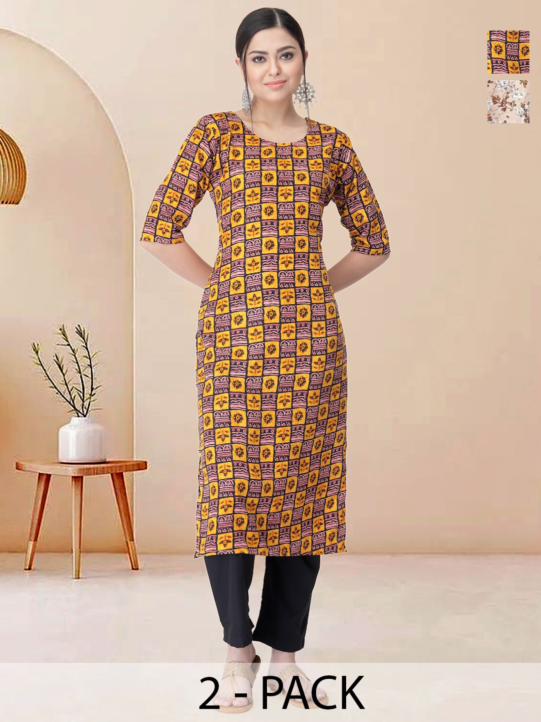 

Moda Rapido Pack of 2 Printed Straight Kurta with Trousers, Black