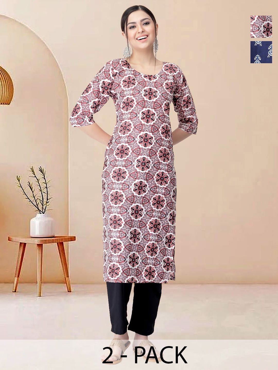 

Moda Rapido Pack of 2 Printed Straight Kurta with Trousers, Blue