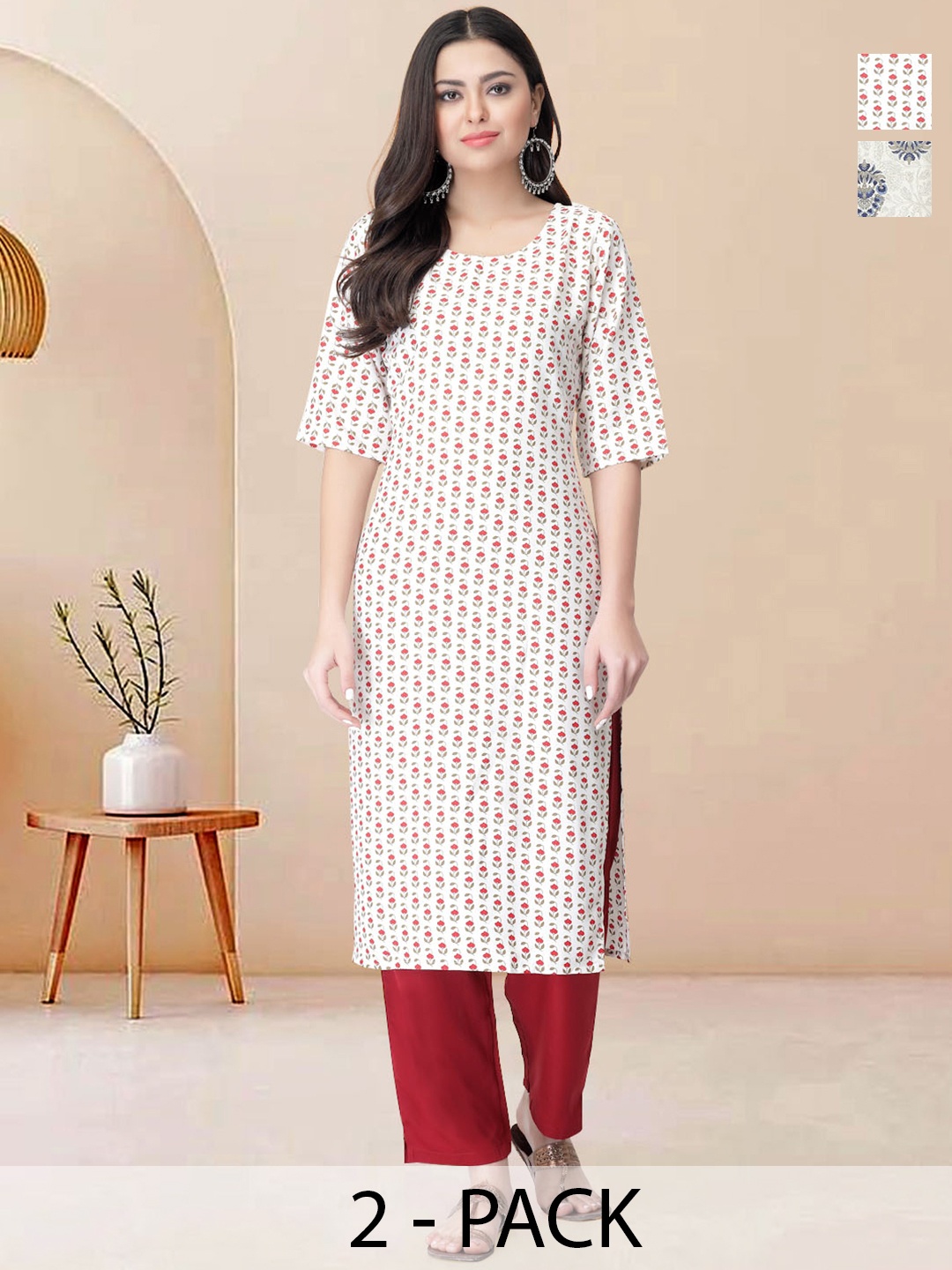 

Moda Rapido Pack of 2 Printed Straight Kurta with Trousers, Red