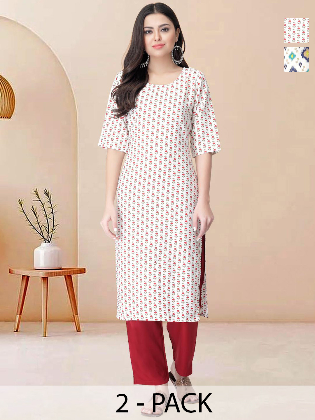 

Moda Rapido Pack of 2 Printed Straight Kurta with Trousers, Red