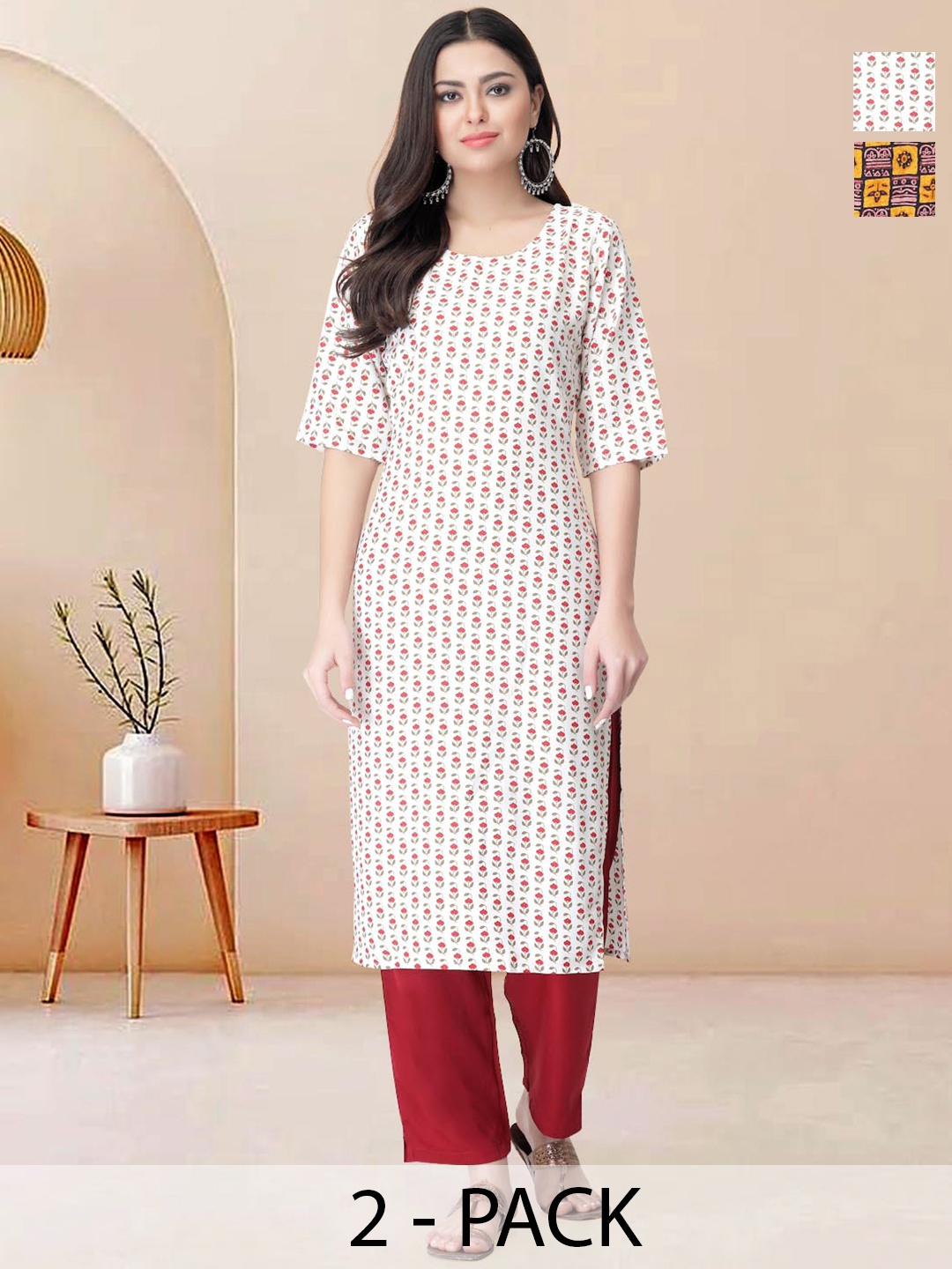 

Moda Rapido Pack of 2 Printed Straight Kurta with Trousers, Red