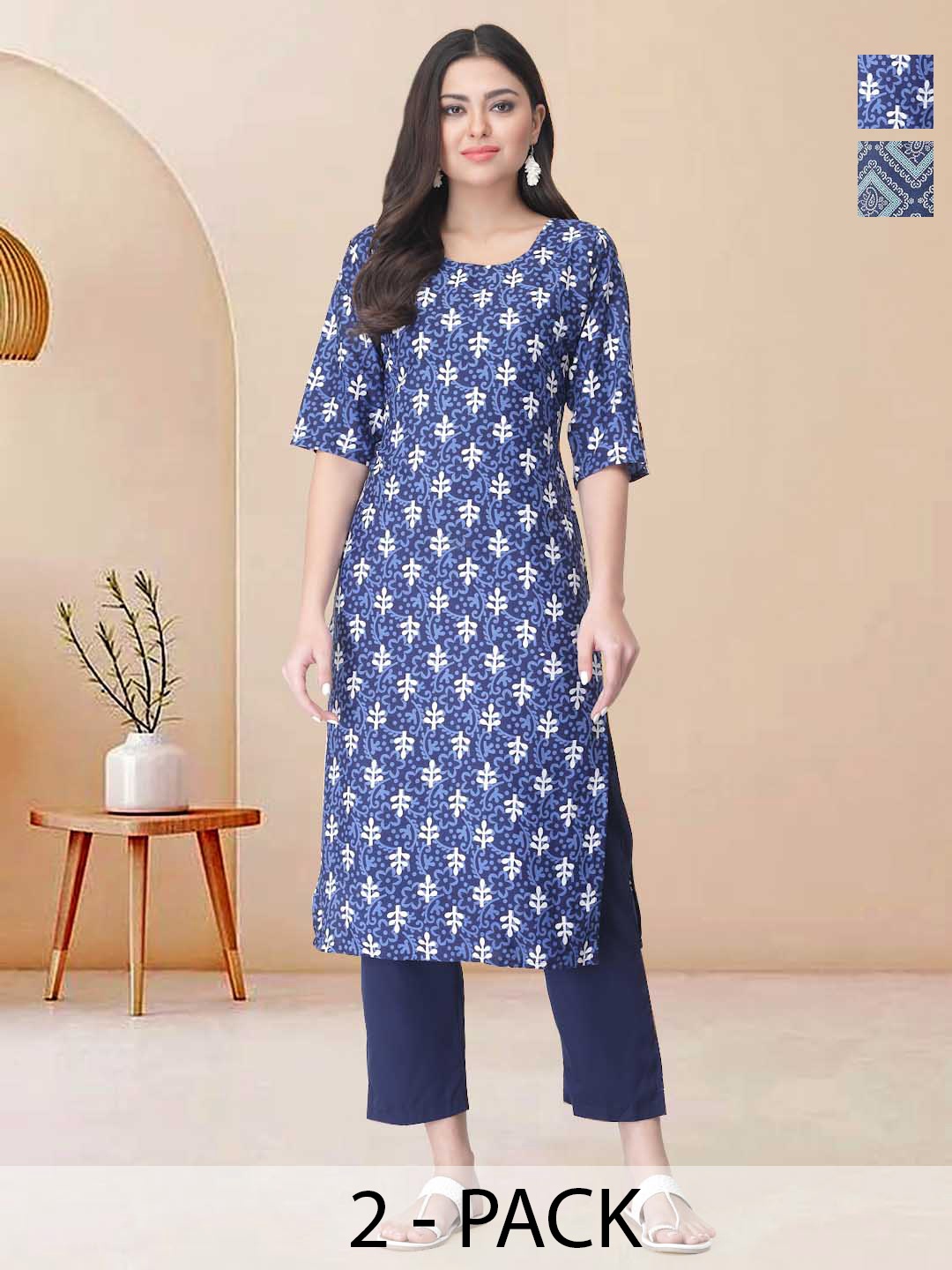 

Moda Rapido Pack of 2 Printed Straight Kurta with Trousers, Navy blue