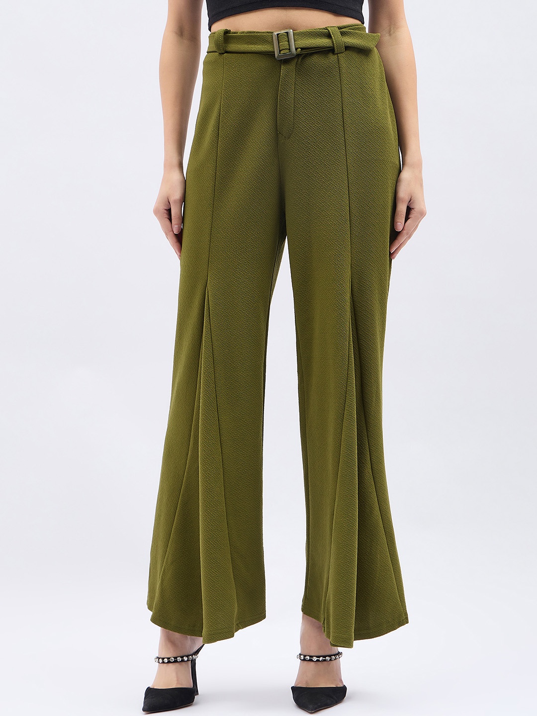 

DressBerry Women Flared High-Rise Trousers, Green