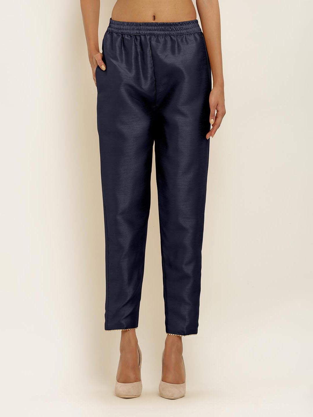 

FLOREOS Women Textured Comfort Easy Wash Trousers, Navy blue