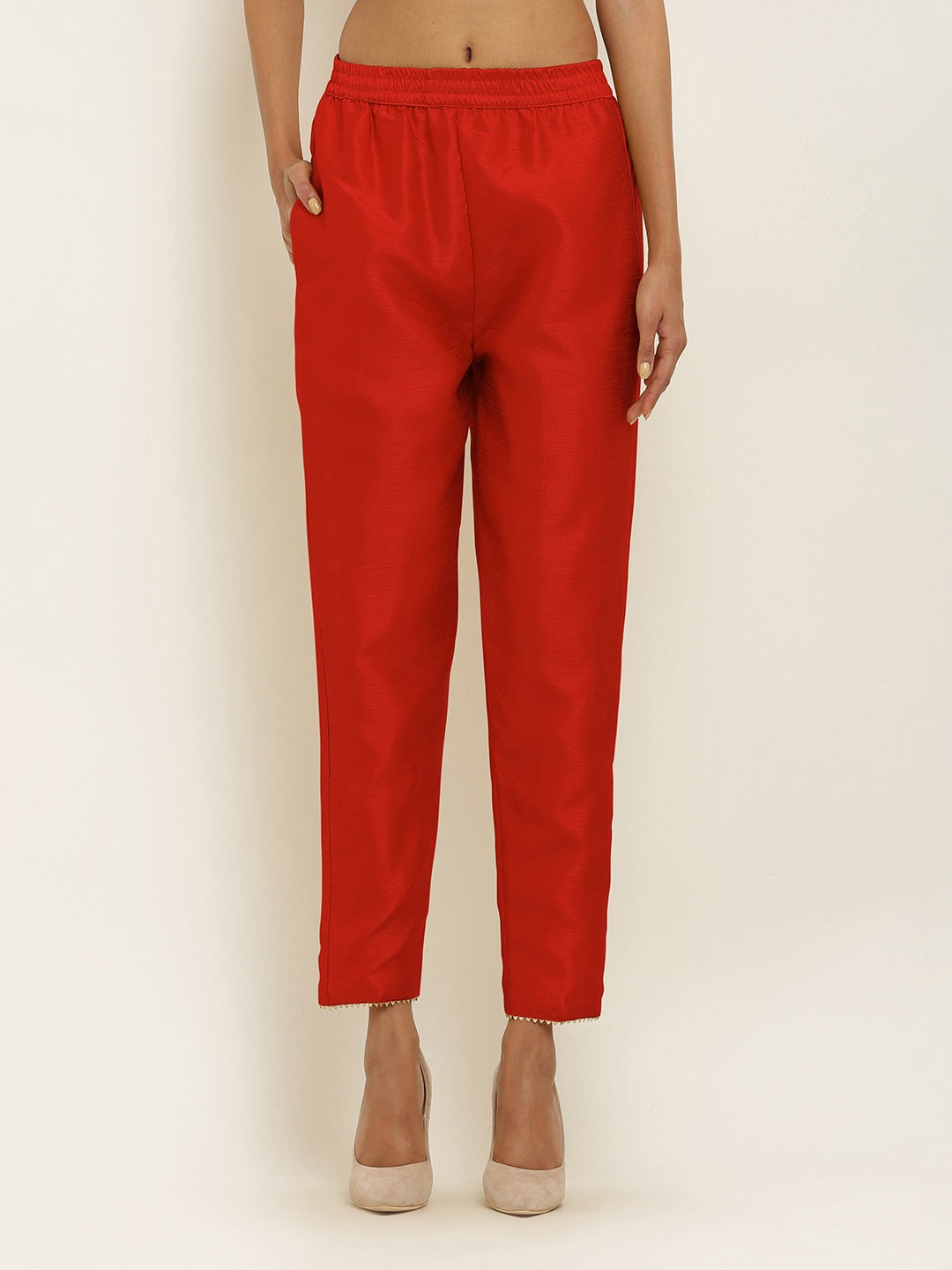 

FLOREOS Women Textured Comfort Easy Wash Cigarette Trousers, Red