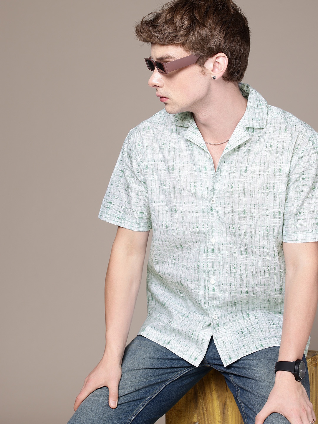 

The Roadster Lifestyle Co. Relaxed Tribal Printed Cuban Collar Linen Casual Shirt, Green