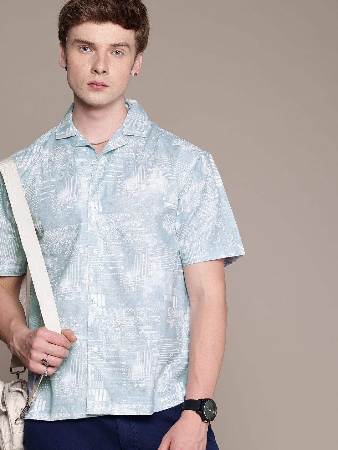 

The Roadster Lifestyle Co. Relaxed Tribal Printed Cuban Collar Linen Casual Shirt, Blue