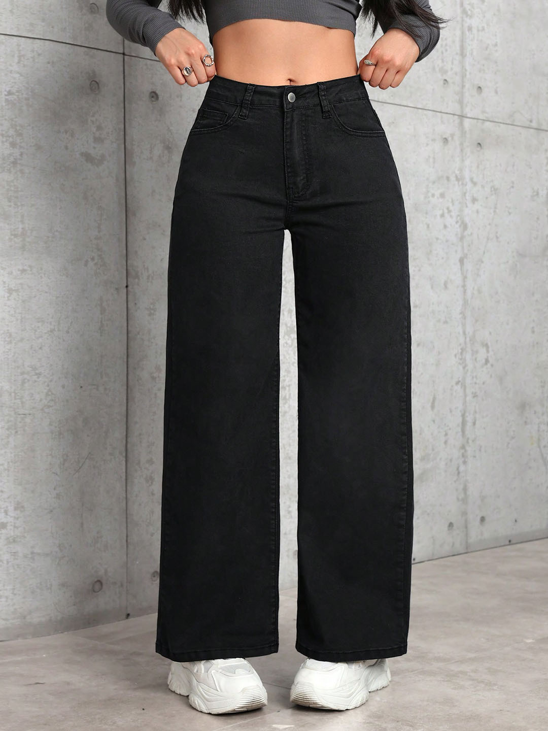 

NUCOUTHS Women Comfort Wide Leg Stretchable Mid-Rise Jeans, Black