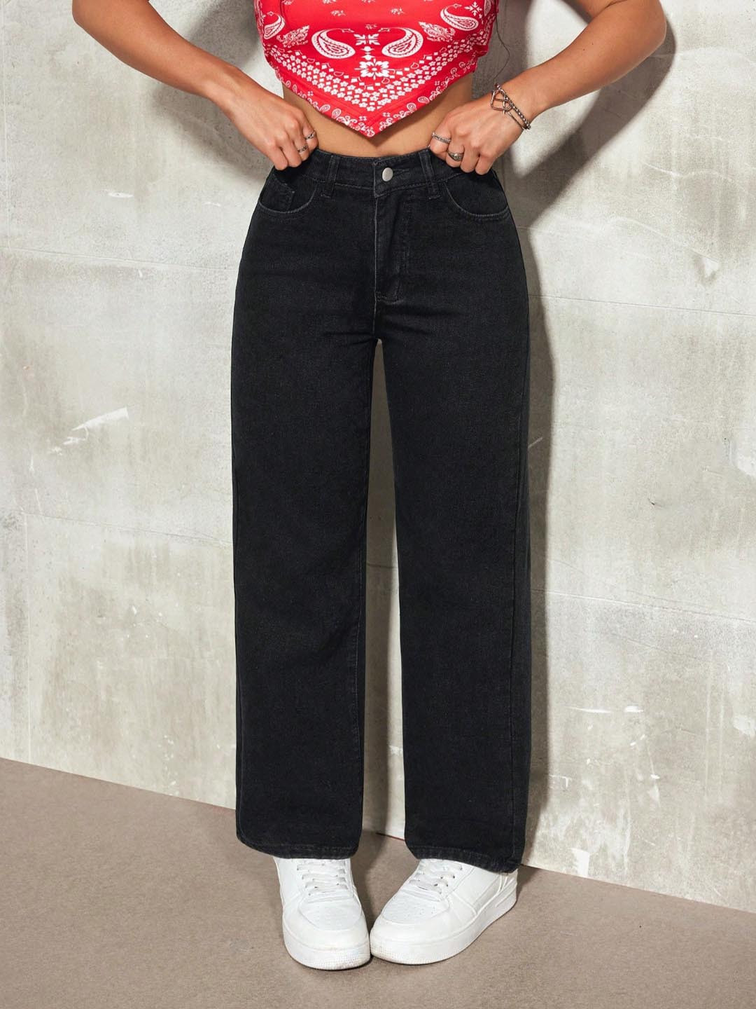 

NUCOUTHS Women Comfort Wide Leg Stretchable Jeans, Black